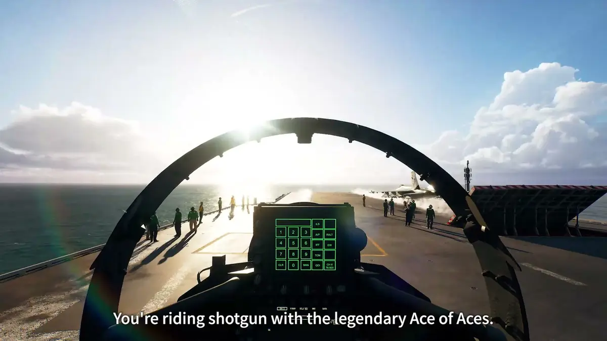 Official ACE COMBAT 8 trailer still of the first-person cockpit view with a green heads-up display grid