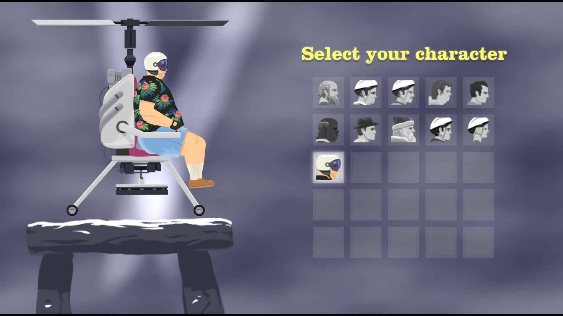 Happy Wheels character-selection screen showing Helicopter Man and character portrait slots