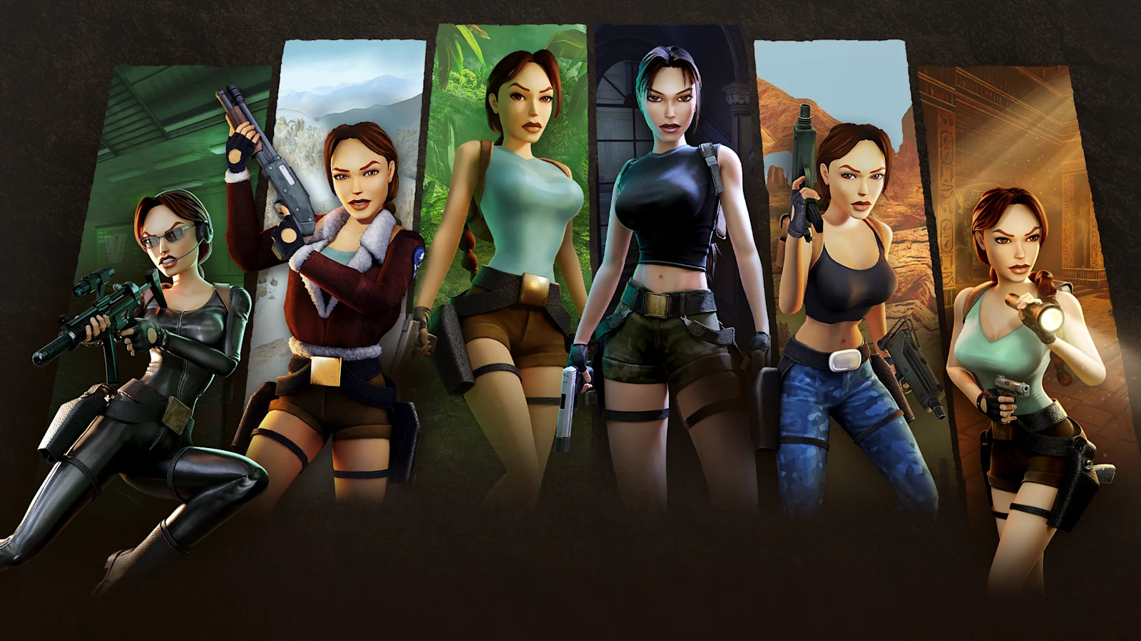 Official Tomb Raider I–VI Remastered artwork showing Lara Croft across the classic games
