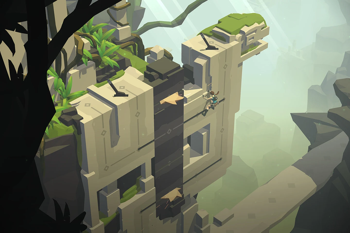 Official Lara Croft GO gameplay screenshot showing Lara climbing ancient ruins