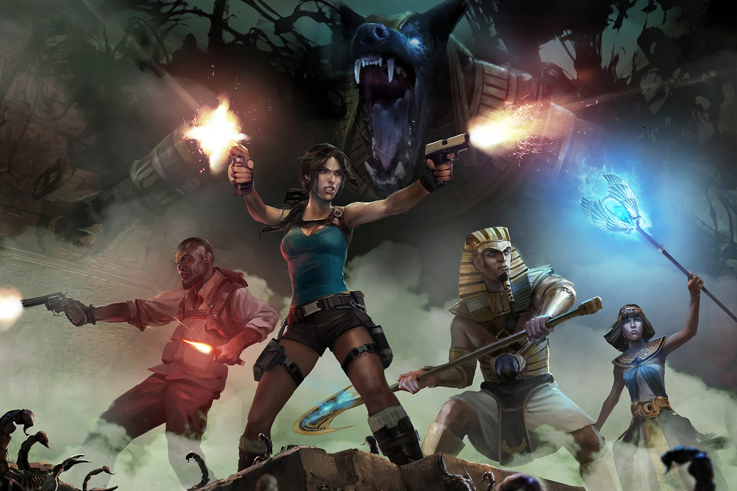 Official Temple of Osiris artwork showing Lara, Carter, Horus and Isis
