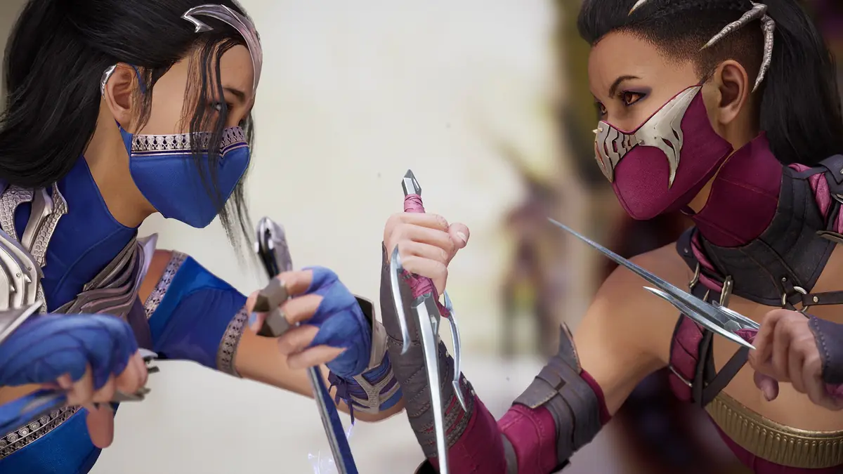 Official Mortal Kombat 1 screenshot showing two fighters facing each other with weapons drawn