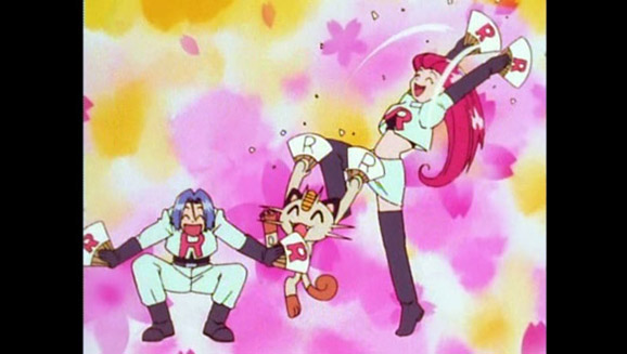 Team Rocket confronting Ash and Pikachu in an early Pokémon episode