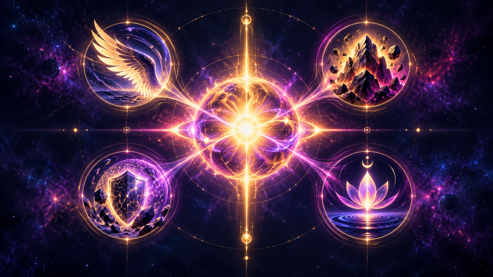 Original editorial energy diagram with glowing celestial symbols for flight, force, resilience and emotion.