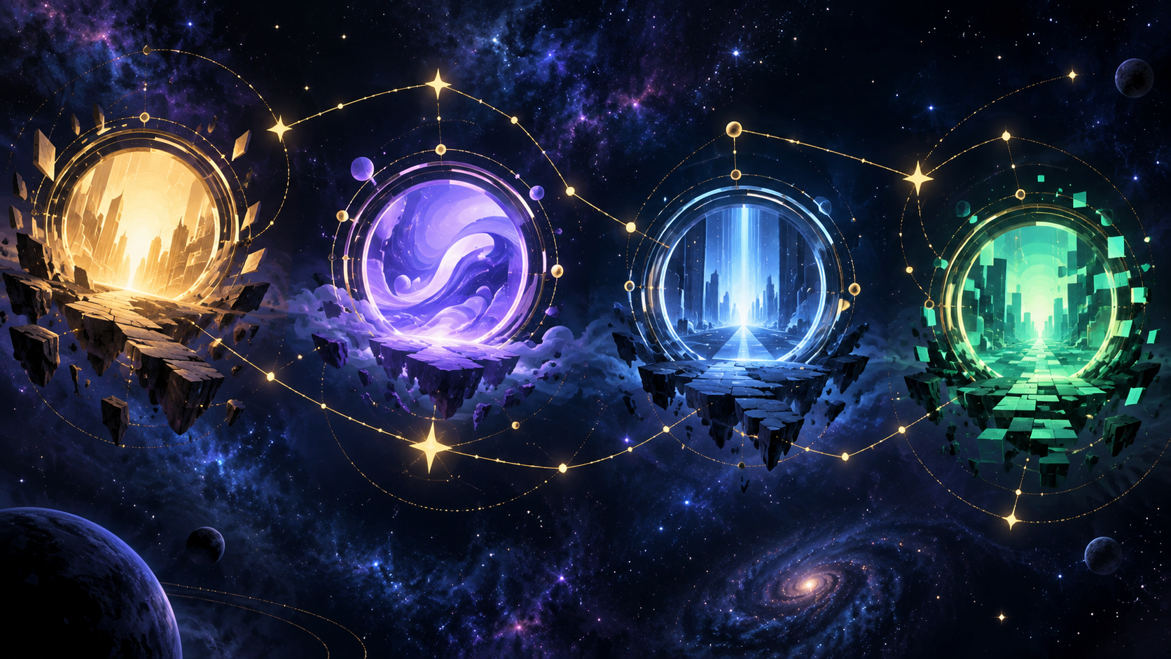 Original editorial map of four abstract connected portals representing separate media continuities.