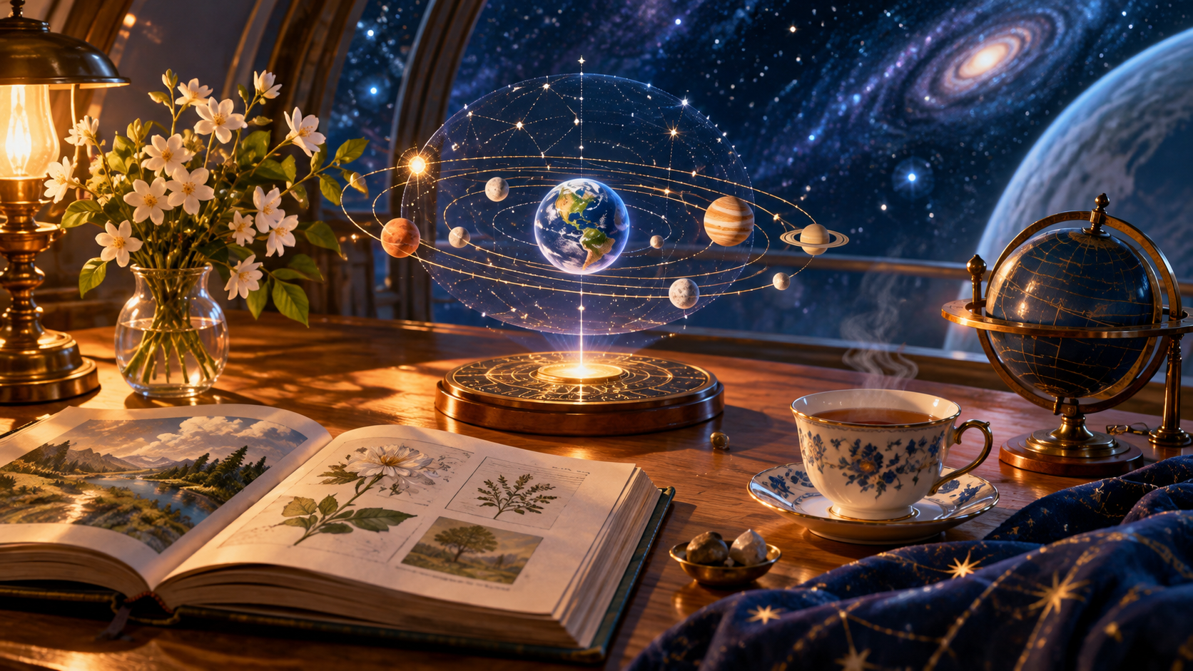 Original editorial illustration of an Earth globe, tea, flowers and a star map on a warm table.