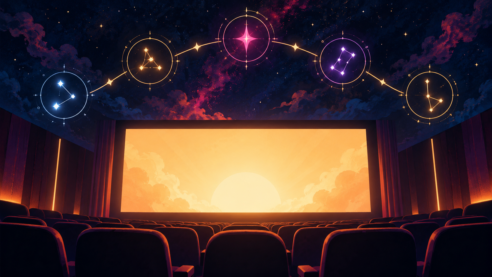 Original editorial illustration of a cinema screen and a glowing constellation-like viewing path.