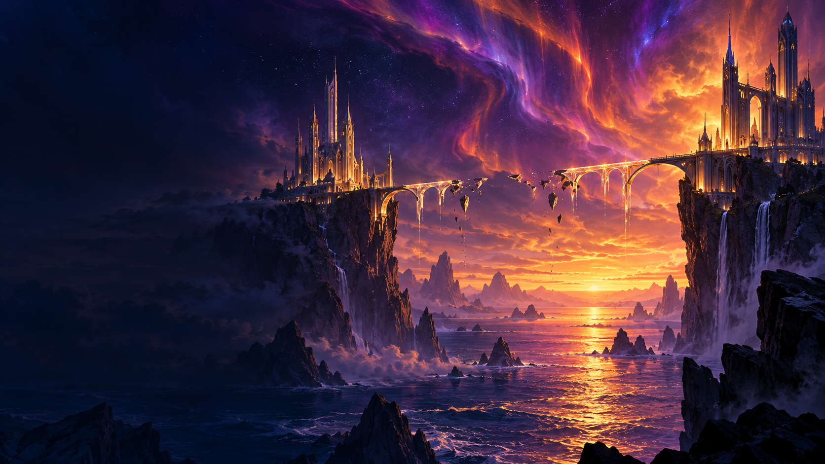 Original editorial illustration of two distant citadels joined by a fractured bridge beneath a violet sky.