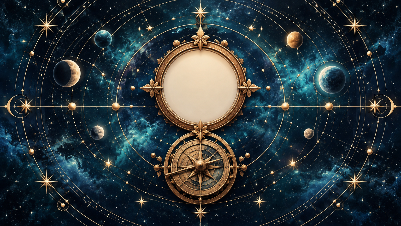 Original editorial illustration of a blank identity medallion, astrolabe and constellation timeline.