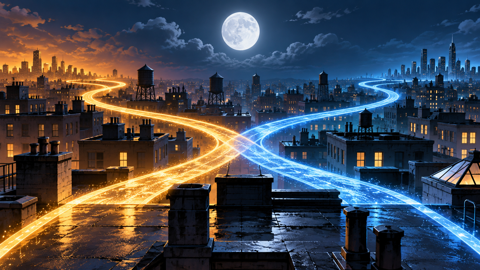 Original editorial illustration of gold and blue light paths crossing over a moonlit city skyline.