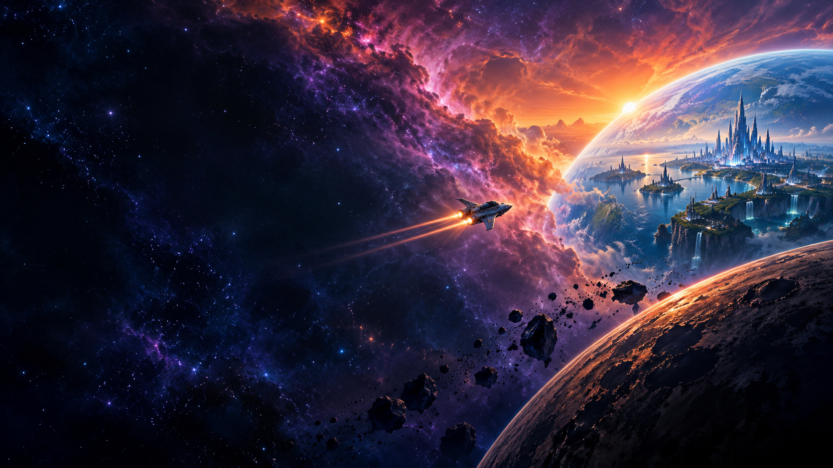 Original cosmic editorial illustration of a spacecraft travelling from a distant world toward a blue-lit city.