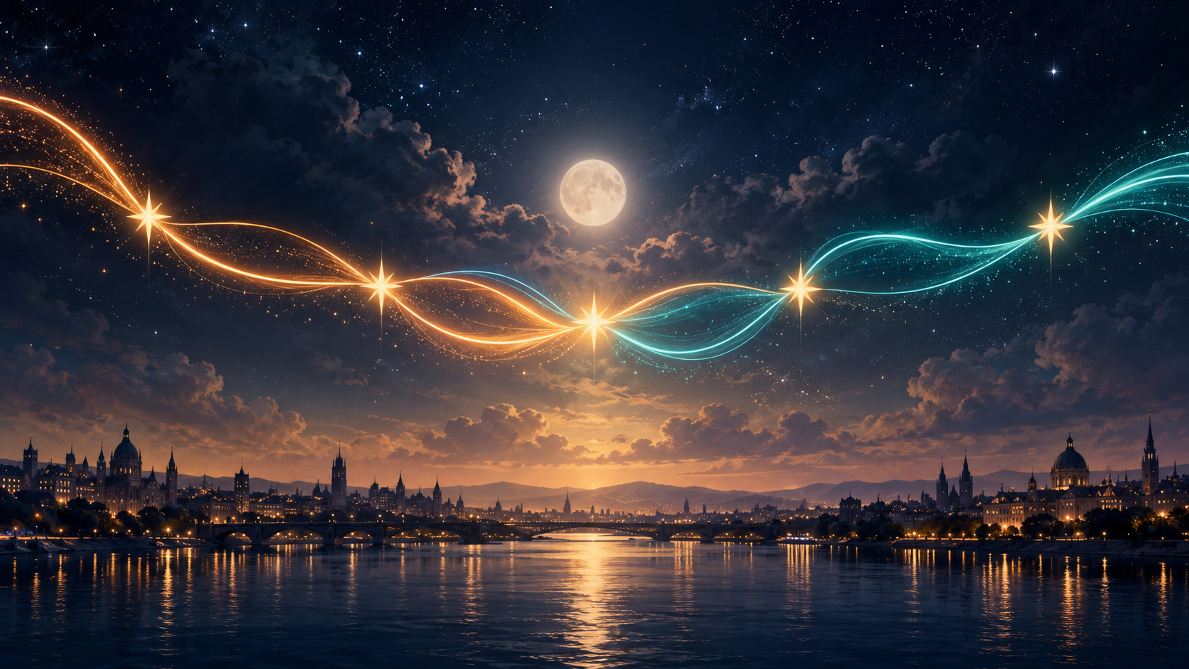 Original editorial illustration of two luminous paths meeting above a night city.