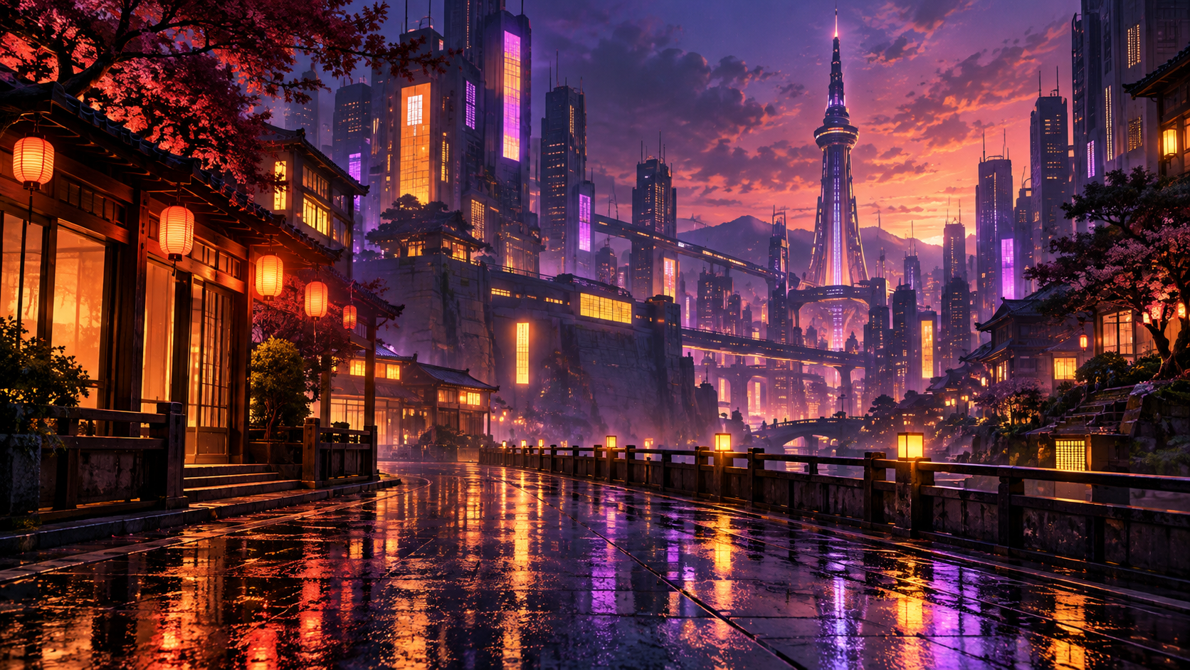 Original editorial illustration of a rain-slick futuristic city at twilight with warm lantern light.
