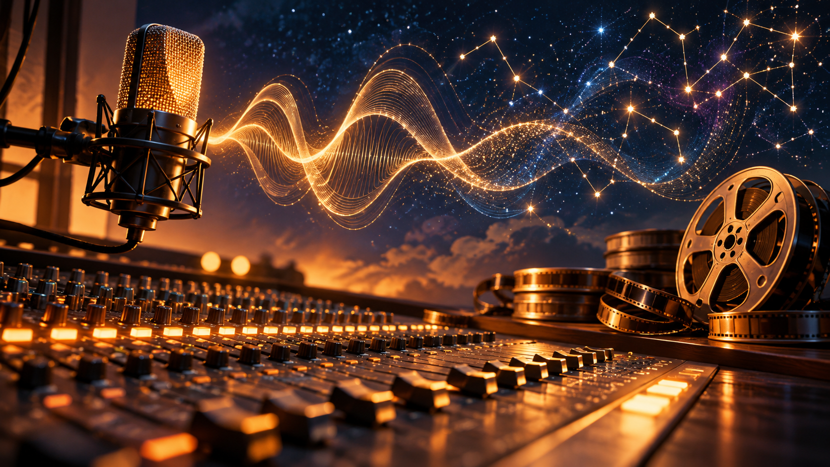 Original editorial illustration of a studio microphone, film reels and constellation-like sound waves.