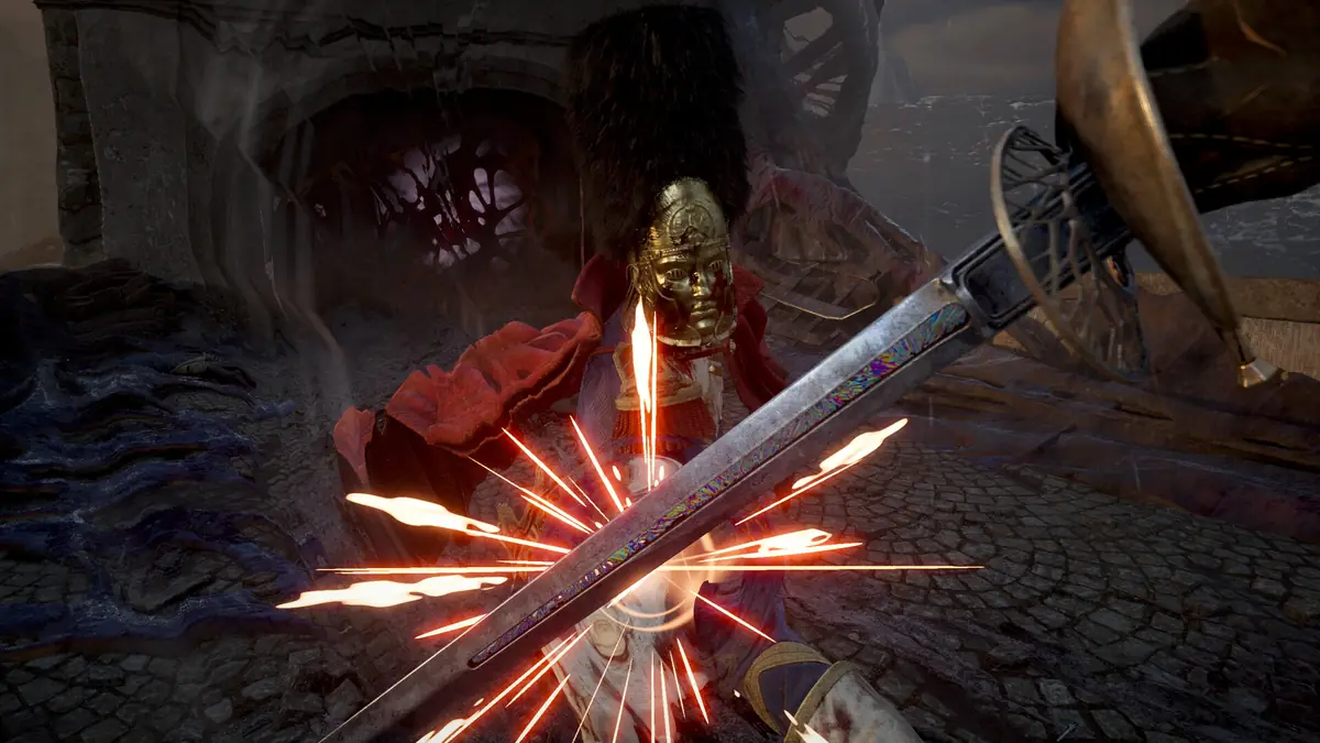 Official Valor Mortis screenshot of a weapon swing close-up with sparks on impact